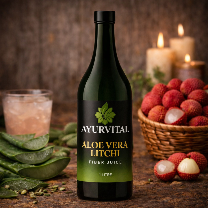 Ayurvital Aloe Vera Fiber Juice with Litchi flavour, 1L bottle for digestion and daily detox support