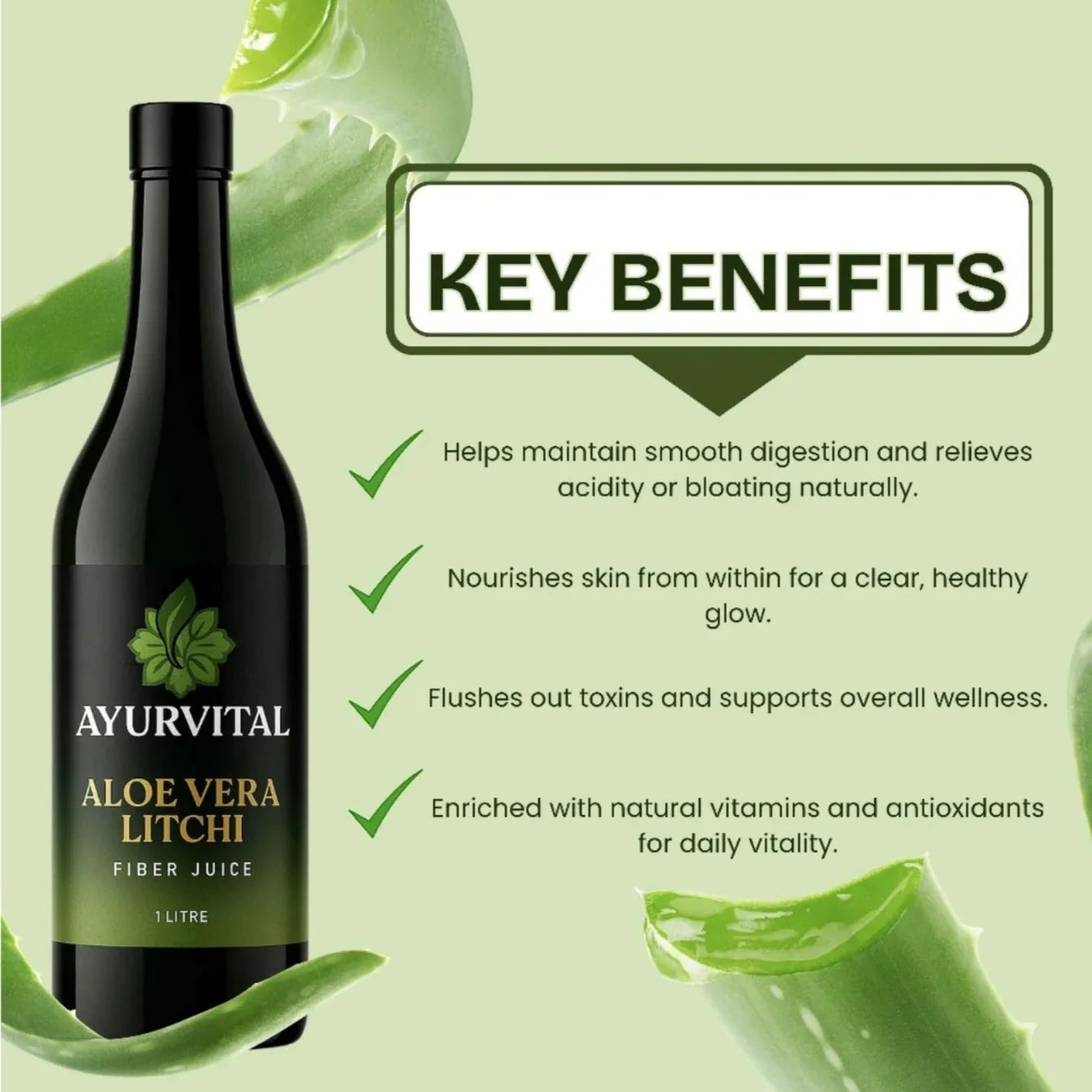 Ayurvital Aloe Vera Fiber Juice with Litchi flavour, 1L bottle for digestion and daily detox support