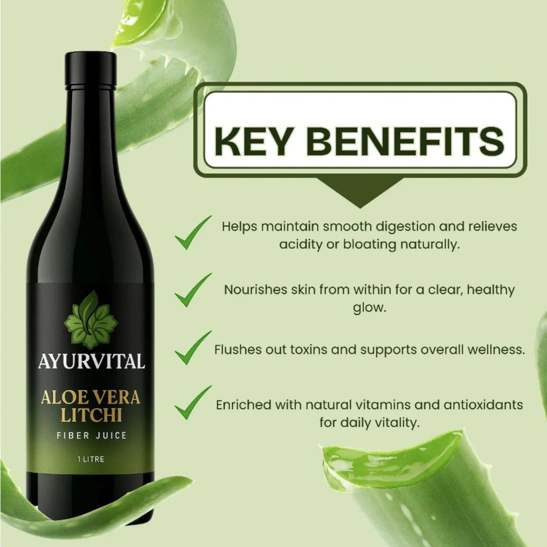 Ayurvital Aloe Vera Fiber Juice with Litchi flavour, 1L bottle for digestion and daily detox support