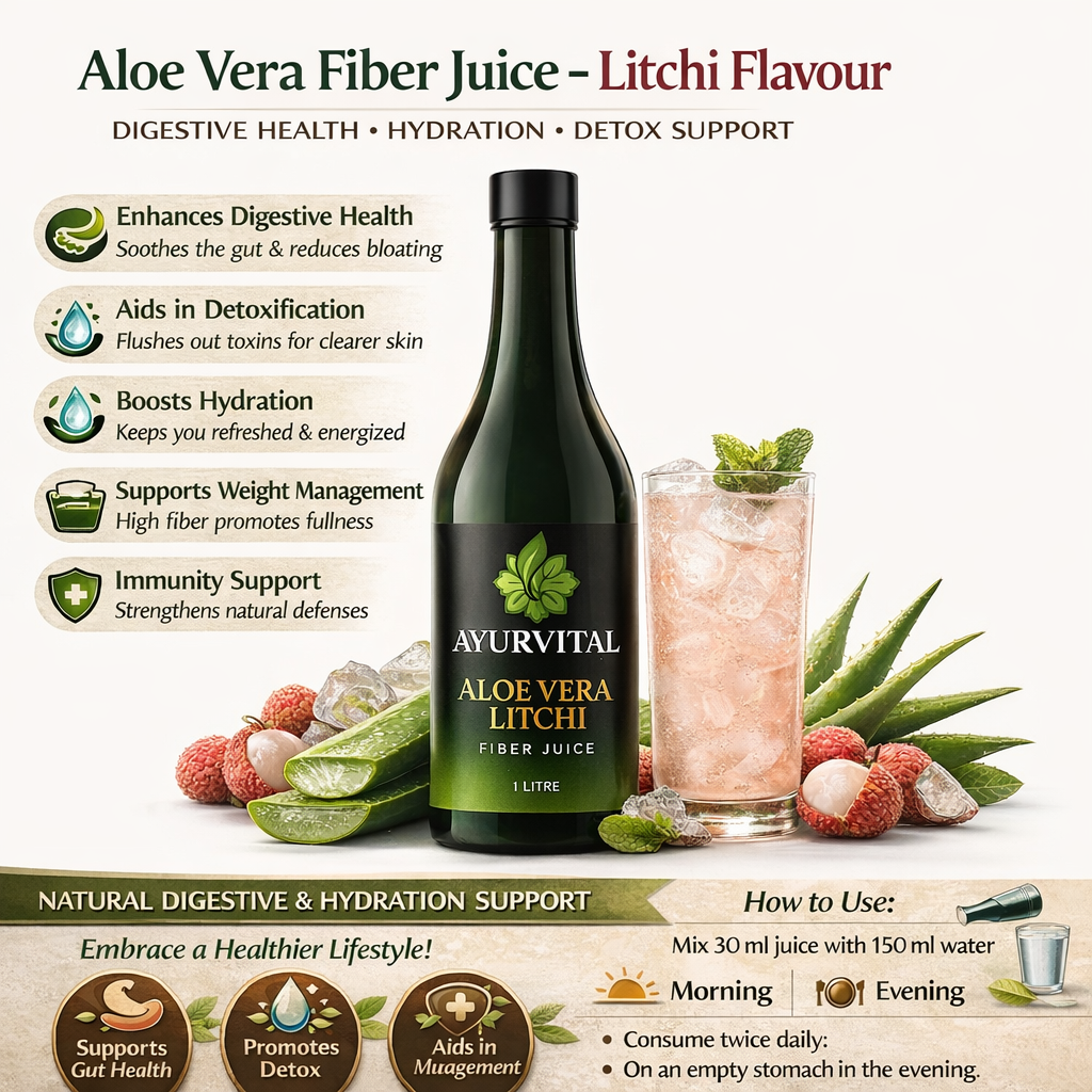 Ayurvital Aloe Vera Fiber Juice with Litchi flavour, 1L bottle for digestion and daily detox support