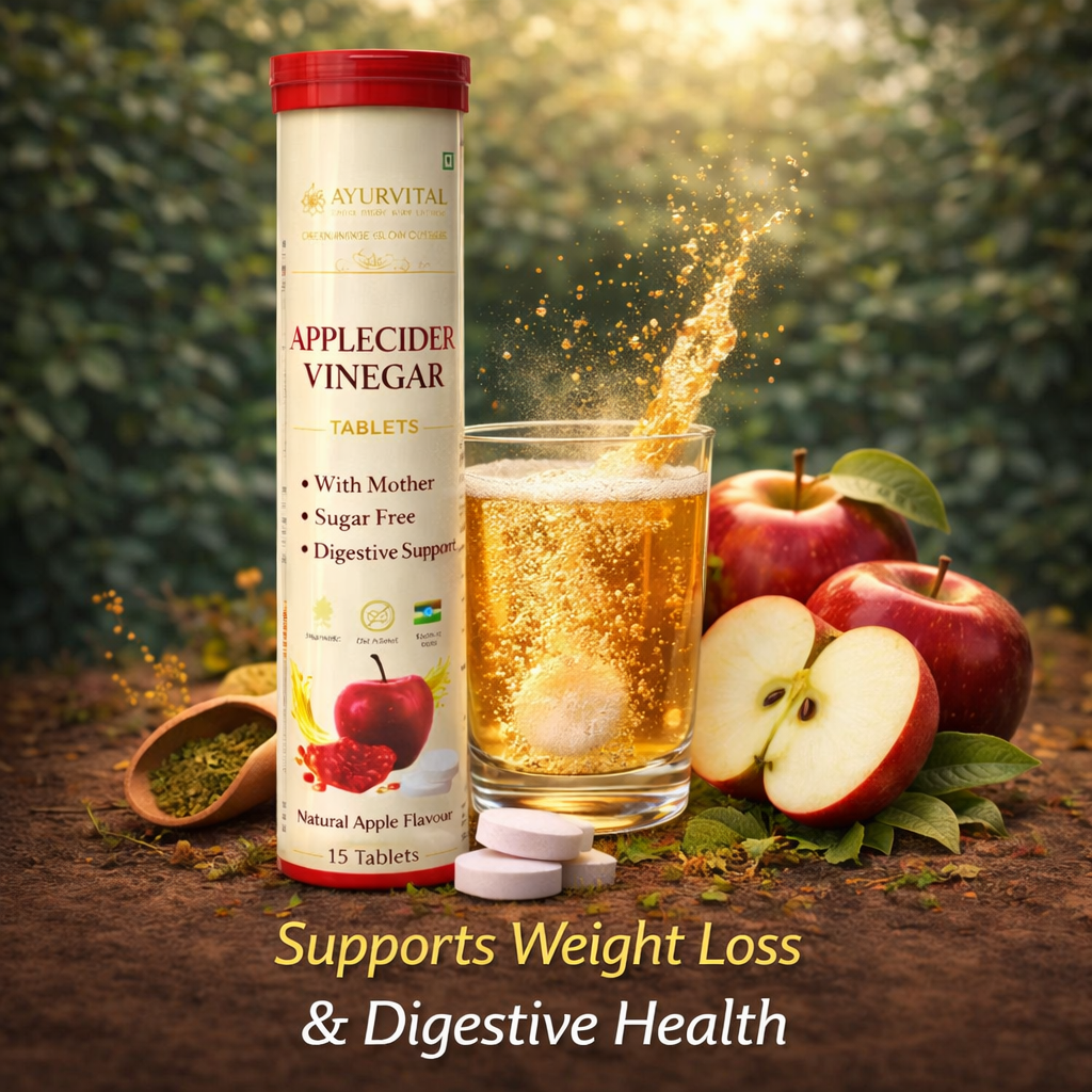 Ayurvedic apple cider vinegar tablets with a glass of liquid and apples on a natural background