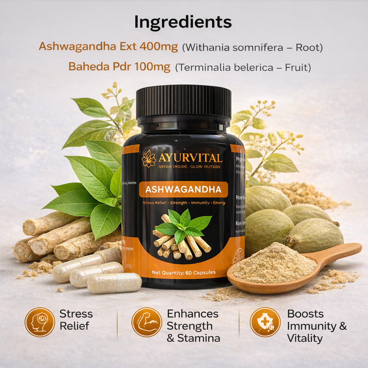 Ayurvital Pure Ashwagandha capsules, 60 capsules for stress response and vitality support
