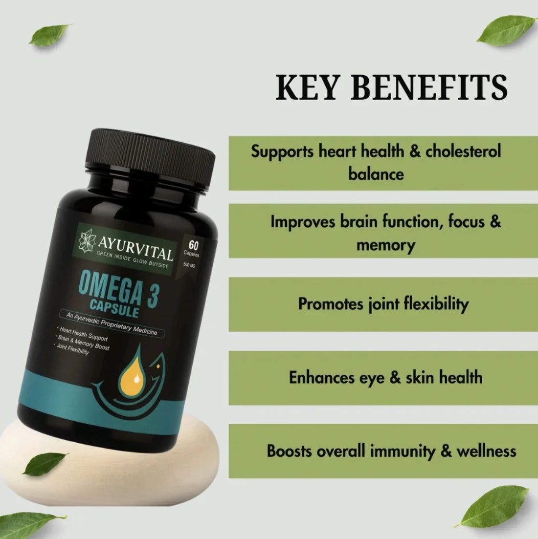 Ayurvital Omega-3 Capsules, 500mg for heart, brain and joint health support