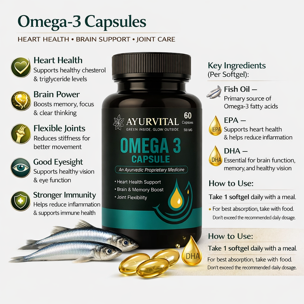 Ayurvital Omega-3 Capsules, 500mg for heart, brain and joint health support