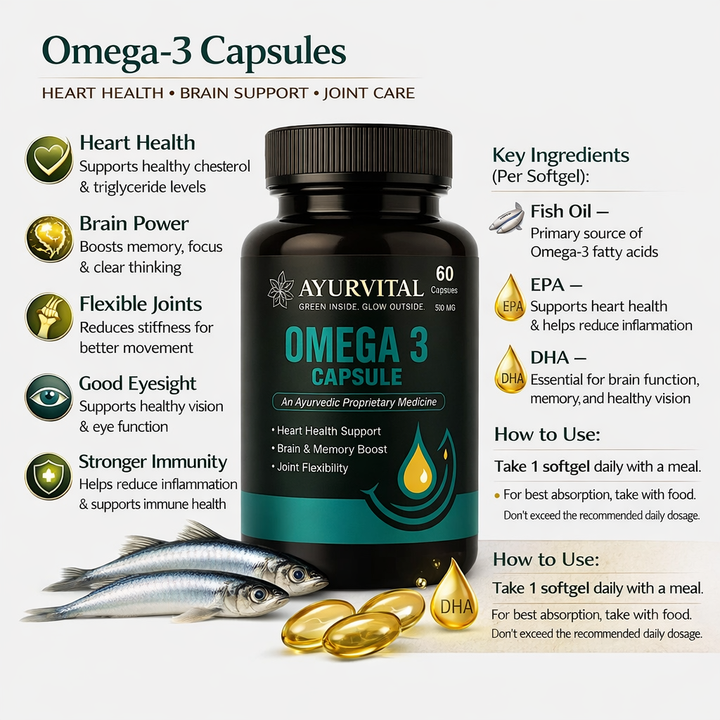 Ayurvital Omega-3 Capsules, 500mg for heart, brain and joint health support